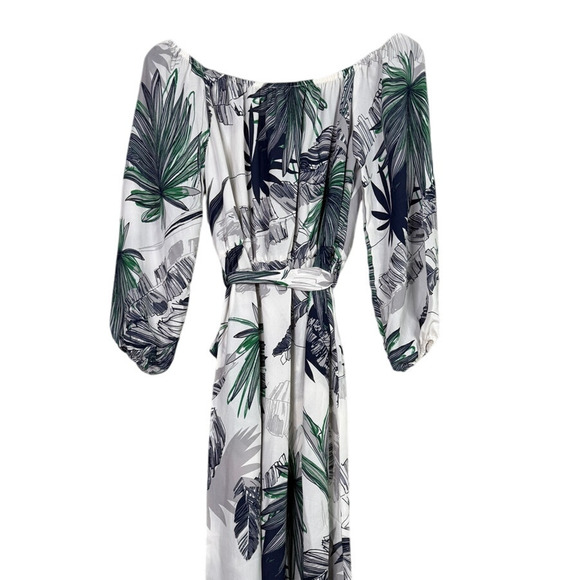 NEW Boho Tropical Palm Print Off Shoulder Maxi Dress 3/4 Sleeve TieWaist L White - Picture 9 of 15